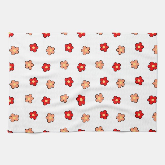 Retro Blumendesign in weißer und weißer Blume Geschirrtuch (Horizontal)