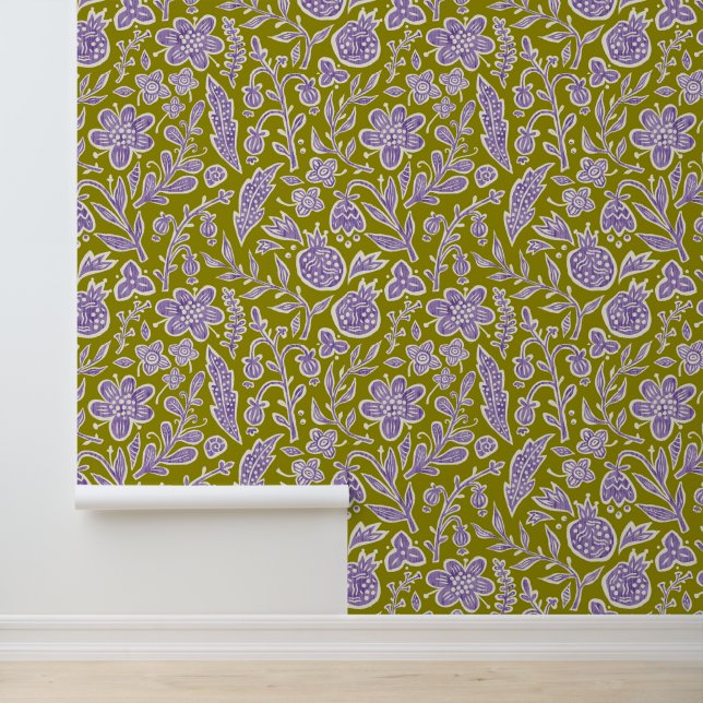 Retro Blumendesign mit Blume und Früchten. Tapete (Anwendung)
