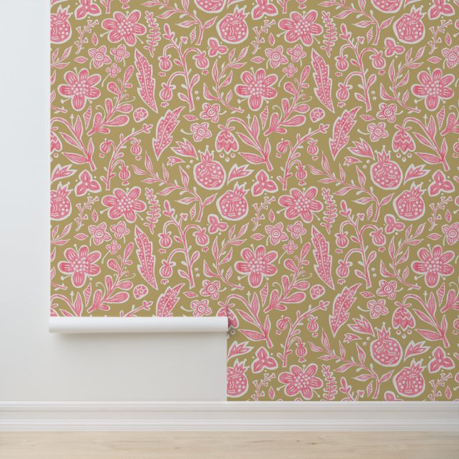 Retro Blumendesign mit Blume und Früchten. Tapete (Anwendung)