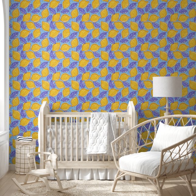 Retro Blumendesign mit Zitronen. Tapete (Kinder)