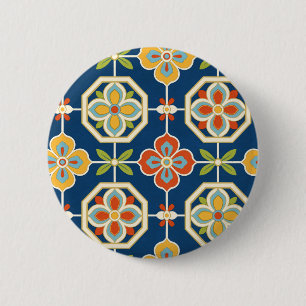 Retro-Blumenfliesenmuster Navyblau Orange & Gold Button