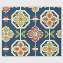 Retro-Blumenfliesenmuster Navyblau Orange & Gold Geschenkpapier
