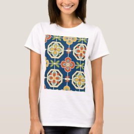 Retro-Blumenfliesenmuster Navyblau Orange T-Shirt