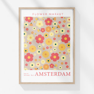 Retro-Blumenmarkt Amsterdam rote gelbe Blumen Poster