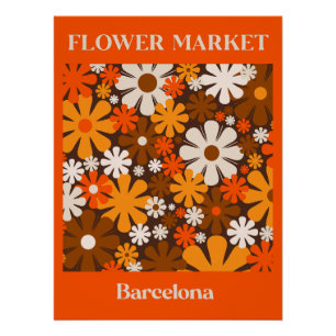 Retro-Blumenmarkt Barcelona 60er 70er Orange Braun Poster