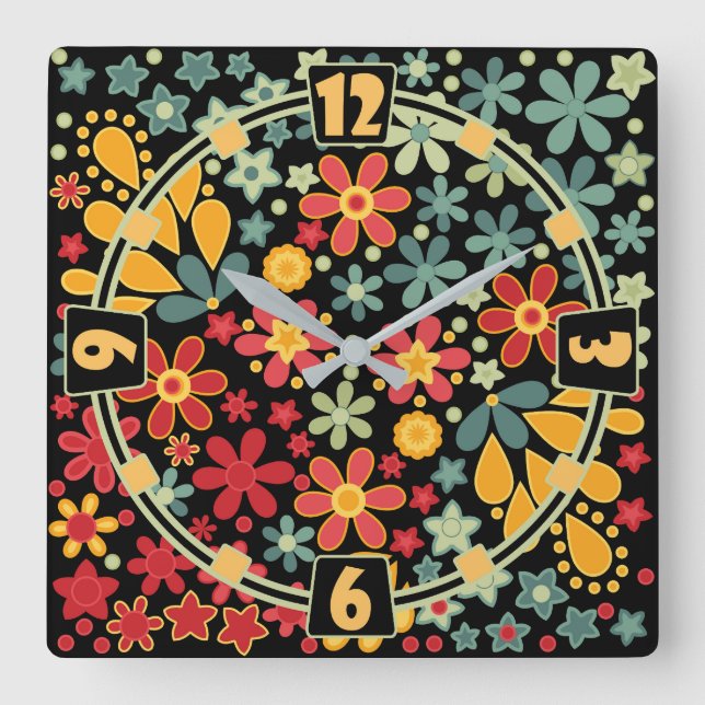 Retro. Blumenmotive 2 Quadratische Wanduhr (Vorderseite)