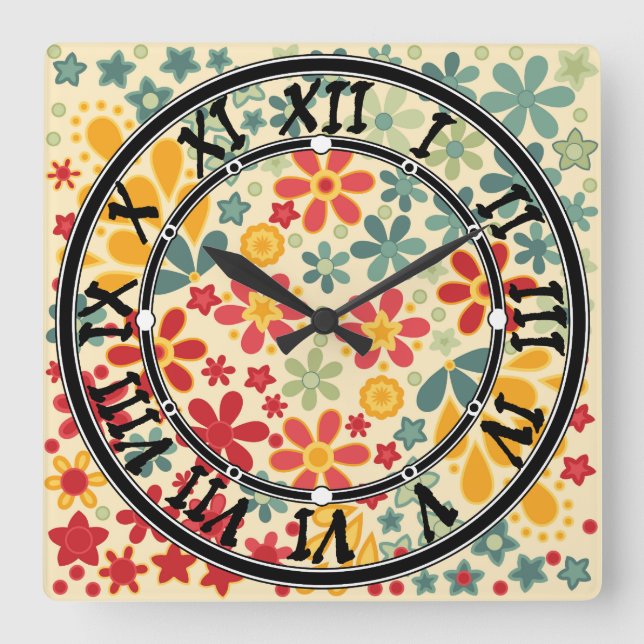 Retro. Blumenmotive Quadratische Wanduhr (Vorderseite)