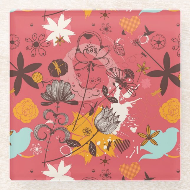 Retro Blumenmuster 4 Glasuntersetzer (Vorderseite)