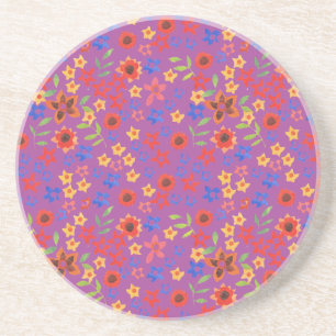 Retro-Blumenmuster auf Magenta-Sandstein-Unterlage Sandstein Untersetzer