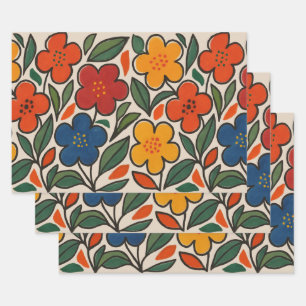 Retro-Blumenmuster im Stil der 1960er Jahre Geschenkpapier Set