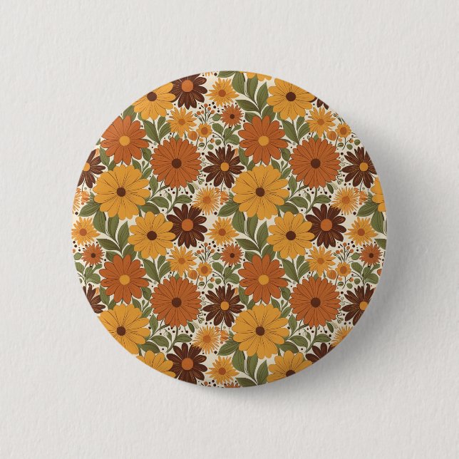 Retro-Blumenmuster im Stil der 70er Jahre Button (Vorderseite)