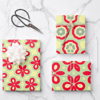 Retro Blumenmuster in Rot, Creme und Minzgrün Geschenkpapier Set