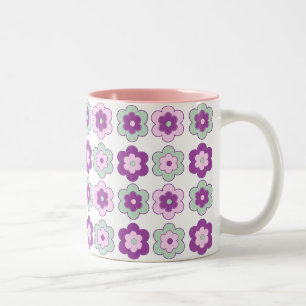 Retro-Blumenmuster mit Blasen (grün und lila) Zweifarbige Tasse