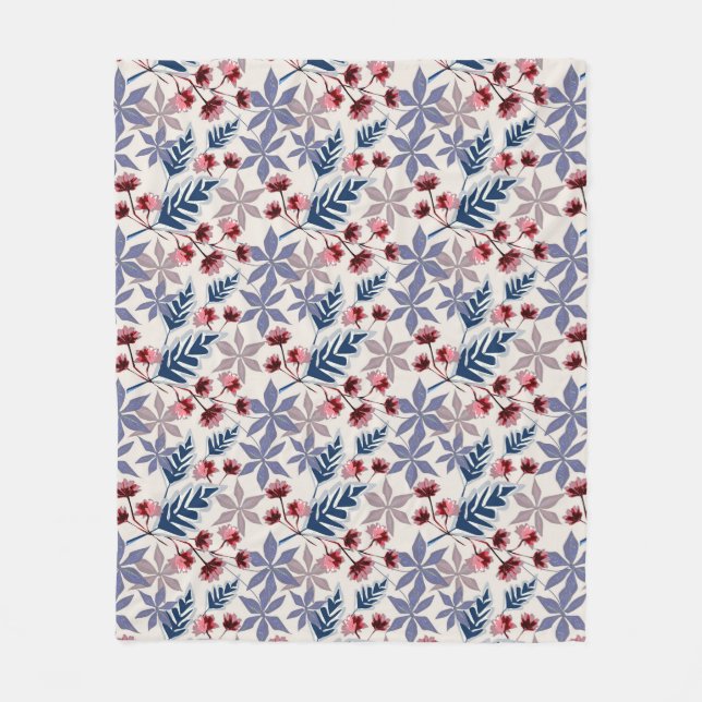 Retro-Blumenmuster mit rosa, bordeauxfarbenen Blum Fleecedecke (Vorderseite)