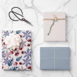 Retro-Blumenmuster mit rosa, burgunderroten Blumen Geschenkpapier Set