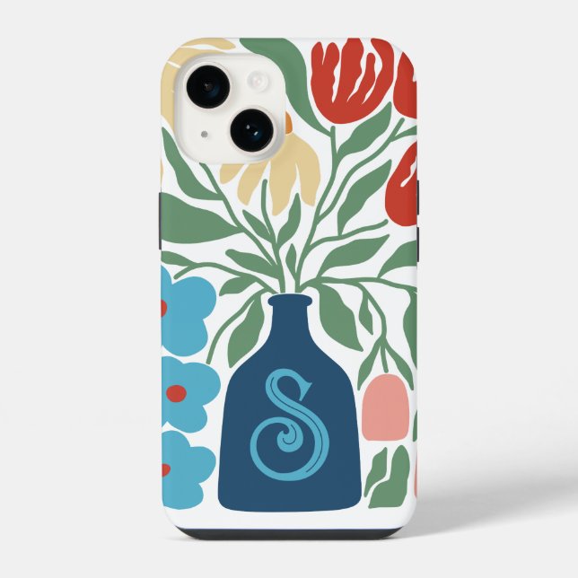 Retro-Blumenmuster-Monogramm Anfangsbuchstabe iPhone 14 Hülle (Rückseite)