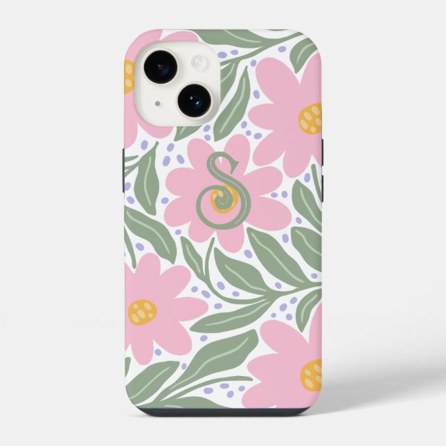 Retro-Blumenmuster-Monogramm Anfangsbuchstabe iPhone 14 Hülle (Rückseite)
