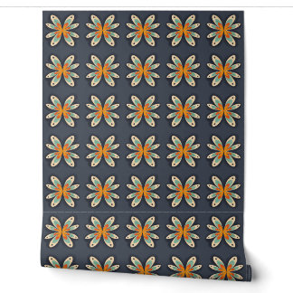 Retro-Blumenmuster Orange Marineblau Abstraktes Mu Tapete