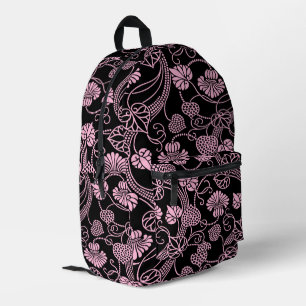 Retro-Blumenmuster Rosa auf Schwarz Bedruckter Rucksack
