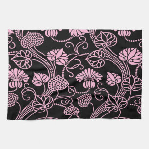 Retro-Blumenmuster Rosa auf Schwarz Geschirrtuch