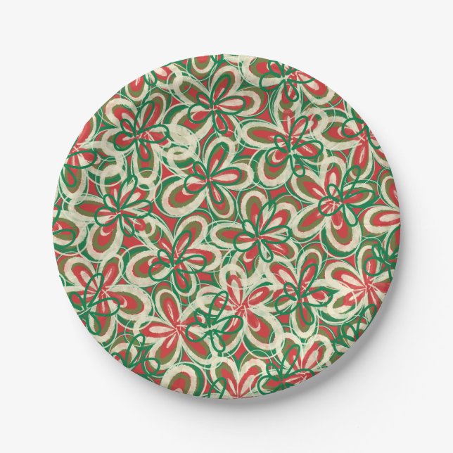 Retro Blumenmuster Rot Grün bemalt Weihnachten Ret Pappteller (Vorderseite)