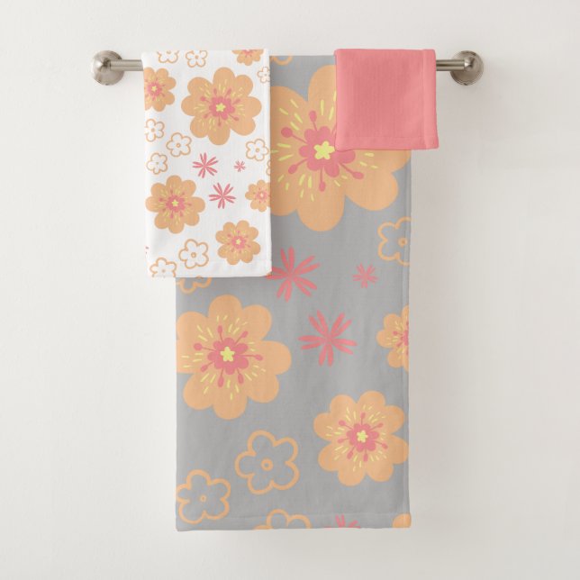 Retro-Blumenmuster und Schlichtes rosa Handtuchmus Badhandtuch Set (Insitu)
