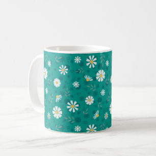 Retro Blumenmuster. Weißes Abendessen auf Türkis Kaffeetasse