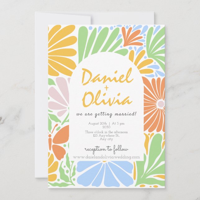 Retro Blumenrahmen farbenfrohe Hochzeit Einladung (Vorderseite)