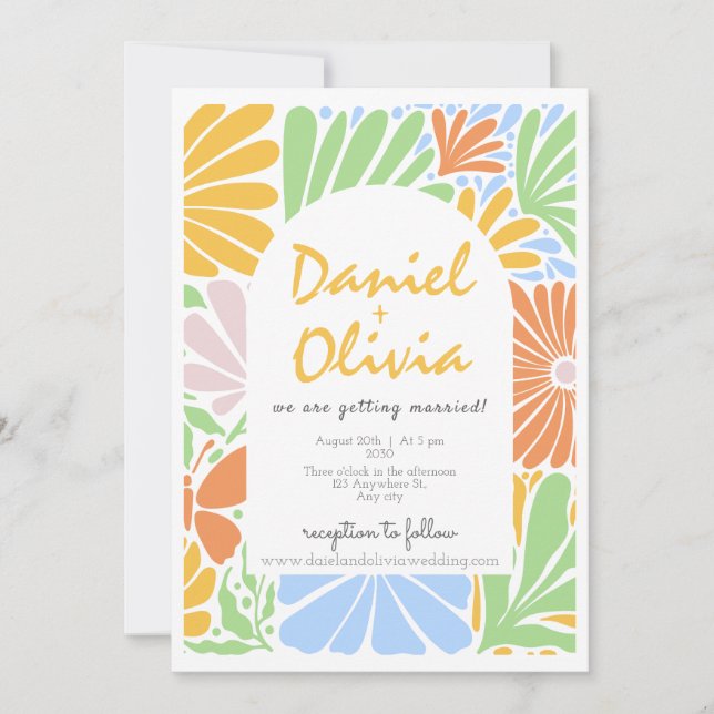 Retro Blumenrahmen farbenfrohe Hochzeit Einladung (Vorderseite)