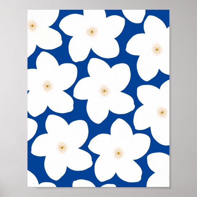 Retro Blumenweiß auf Blumen Poster (Vorne)