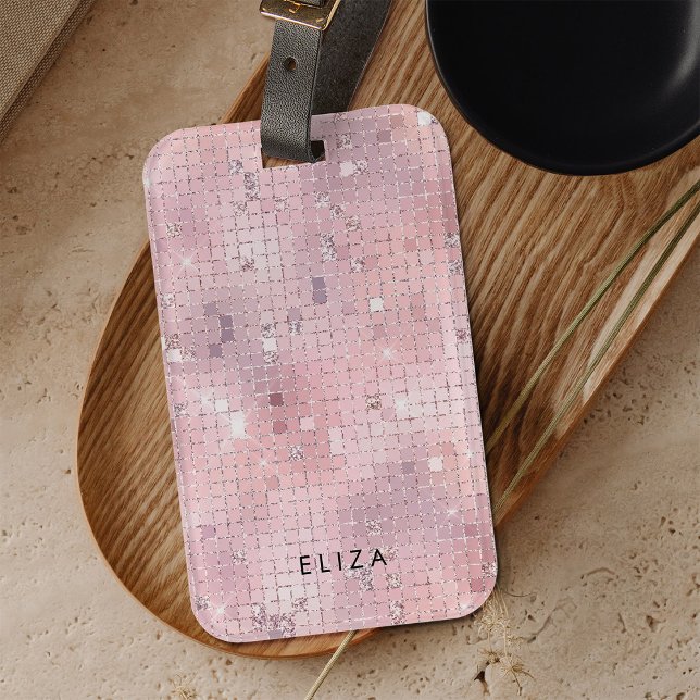 Retro Blush Pink Disco Mirror | Monogramm Gepäckanhänger (A glam, blush pink disco ball inspired luggage tag)