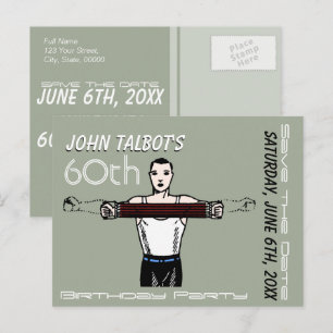 Retro Bodybuilding 60. Geburtstag Save the Date Ankündigungspostkarte
