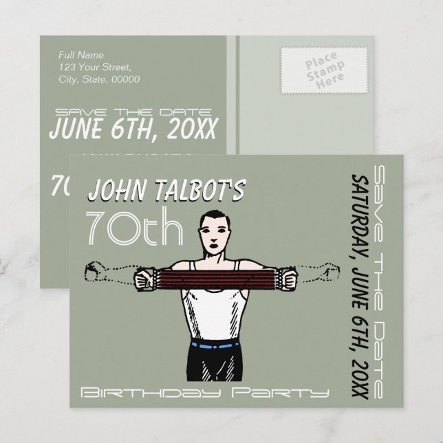 Retro Bodybuilding 70. Geburtstag Save the Date Ankündigungspostkarte (Vorne/Hinten)