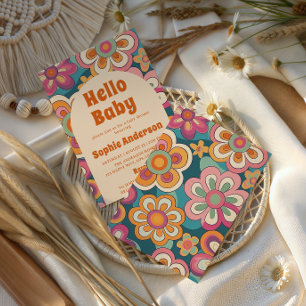 Retro Boho 70er Jahre Groovy Blumen Baby-Party Einladung