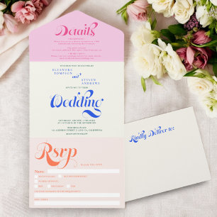 Retro boho blau pink elegante Drehbuch-Hochzeit All In One Einladung