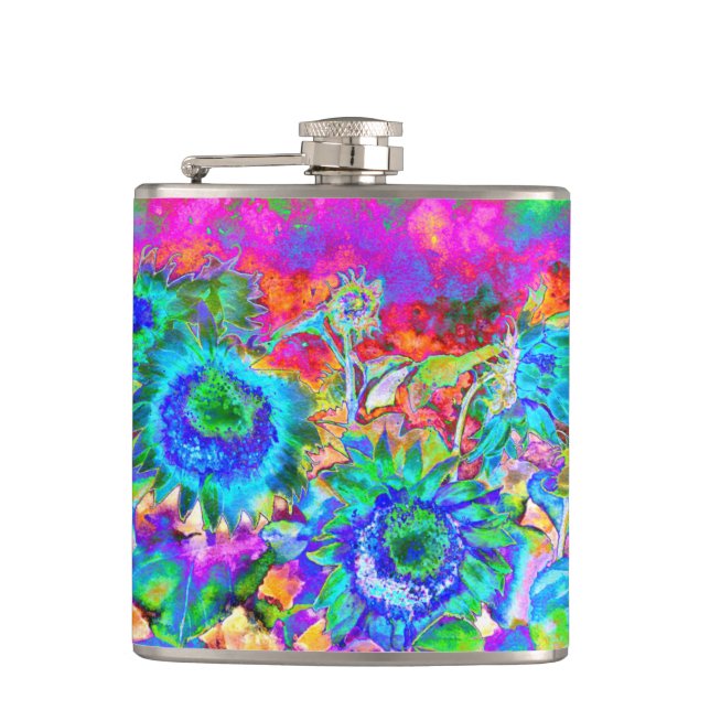 Retro-boho-blaue lila-rosa Blume Flachmann (Vorderseite)