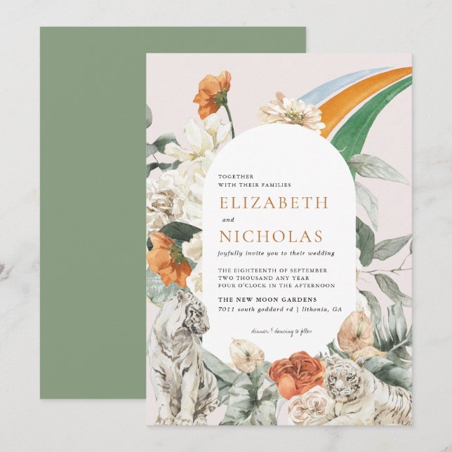 Retro Boho Blumengrün Botanische Hochzeit Einladung (Vorne/Hinten)