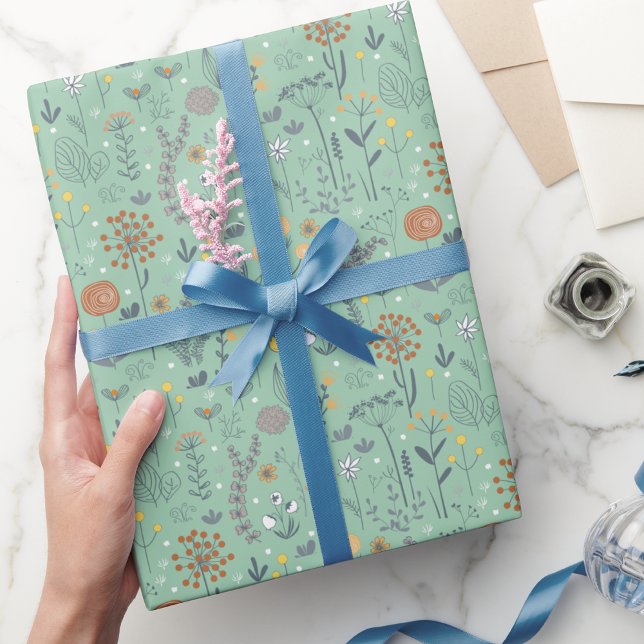 Retro Boho Blumengrün Geschenkpapier (Von Creator hochgeladen)