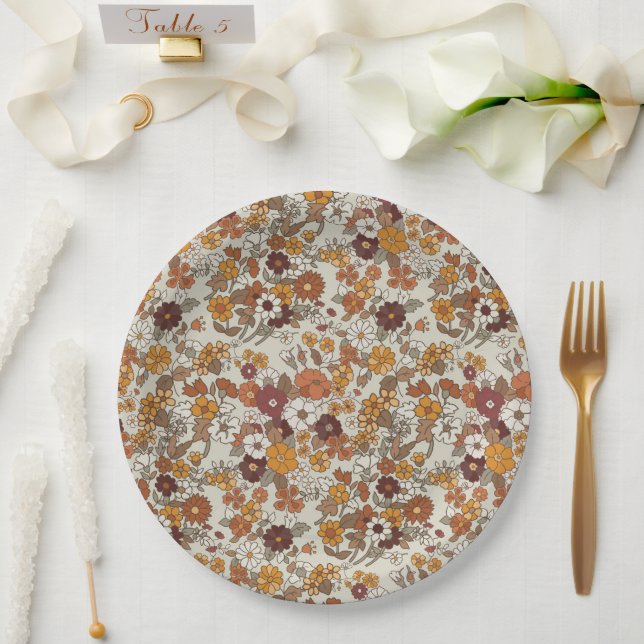 Retro-Boho-Blumenmuster  Pappteller (Hochzeit)
