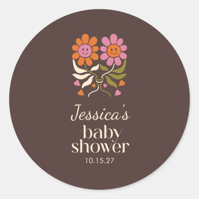 Retro Boho Brown Blume Groovy Babydusche nach Maß Runder Aufkleber (Vorderseite)
