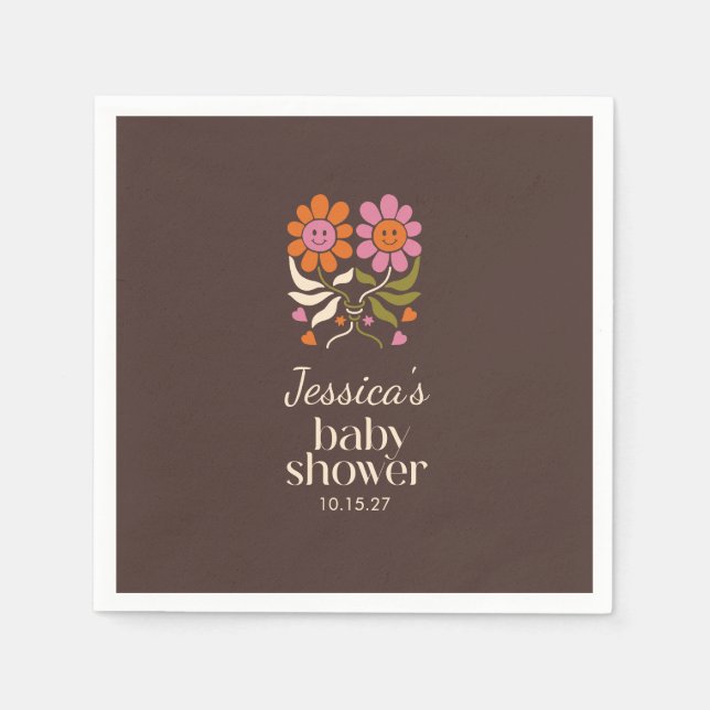 Retro Boho Brown Blume Groovy Babydusche nach Maß Serviette (Vorderseite)