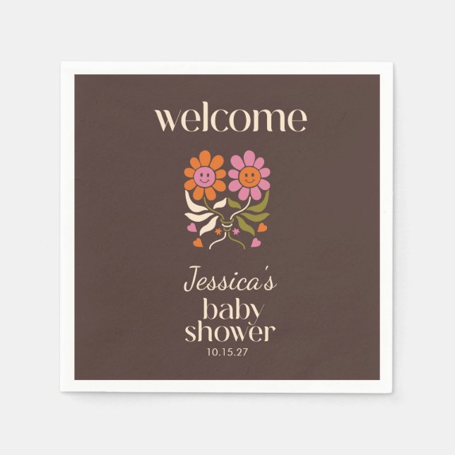 Retro Boho Brown Blume Groovy Babydusche nach Maß Serviette (Vorderseite)