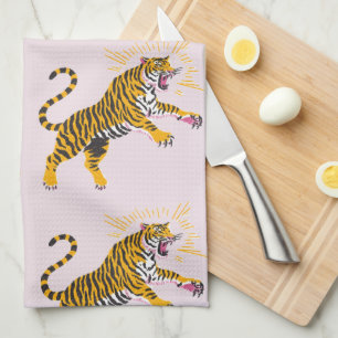 Retro Boho Brüllender Tiger Orange Pink Geschirrtuch
