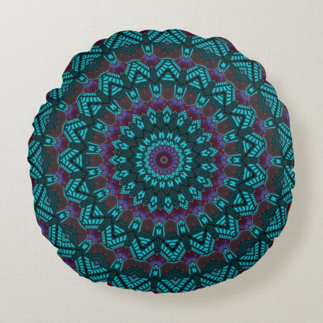 Retro Boho Chic Bohemisch Southwestern Mandala Rundes Kissen (Vorderseite)