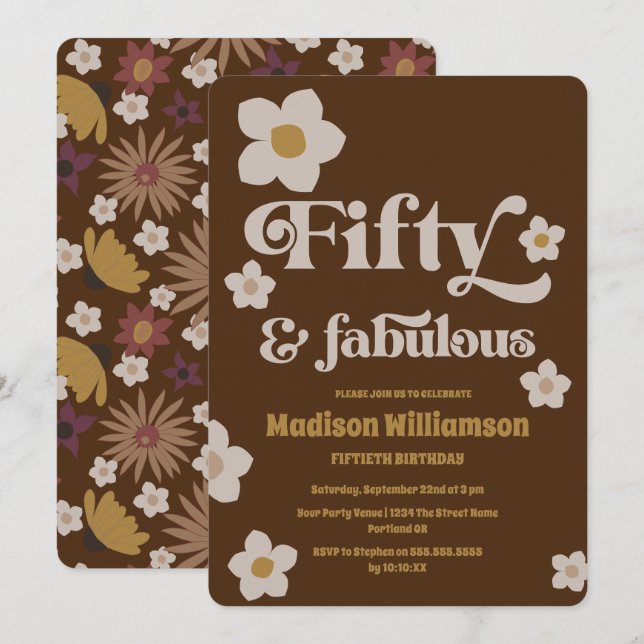 Retro Boho Chocolate Brown 50 & Fabulous Birthday Einladung (Vorne/Hinten)