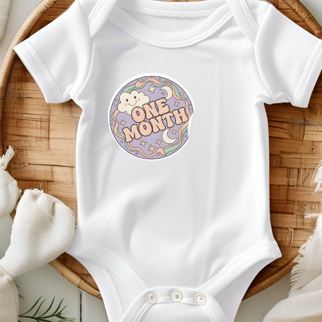 Retro Boho Cloud Baby One Month Milestone Runder Aufkleber (Von Creator hochgeladen)