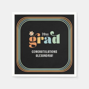 Retro Boho Daisy 2025 Grad Black Party Napkins Serviette