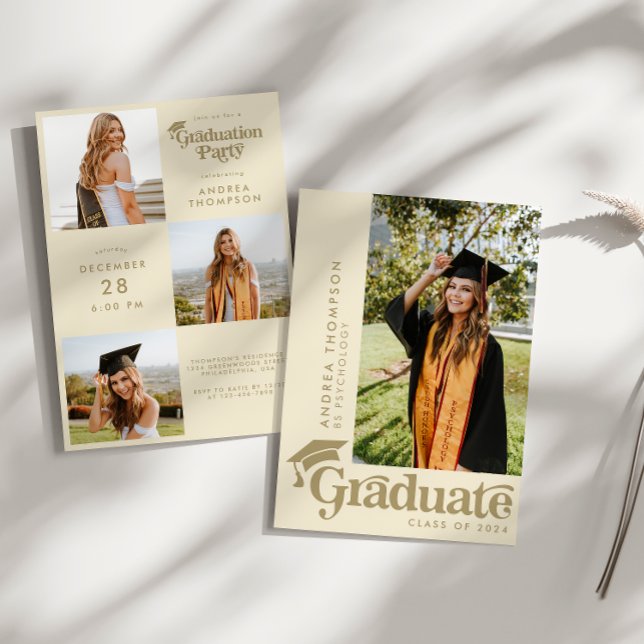 Retro Boho Earthy Graduation Cap Foto Collage Einladung (Von Creator hochgeladen)