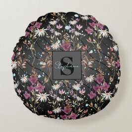 Retro Boho Elegante Wildblumen Monogramm Rundes Kissen