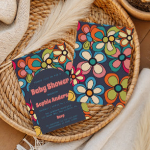 Retro Boho Farbige 70er Blumen Baby Shower Party Einladung